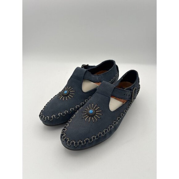 Hush Puppies Womens Leather Sunburst T-Strap Shoes Size 5 Blue - Picture 1 of 6